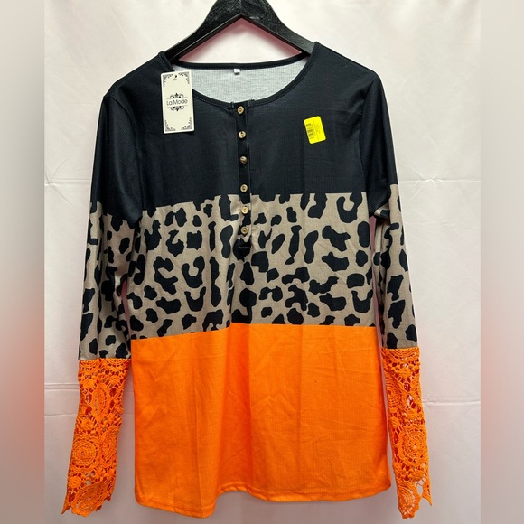 LA MODE | Off-Black & Orange Leopard Color Block Long Sleeve (Size: Large) - Picture 4 of 12